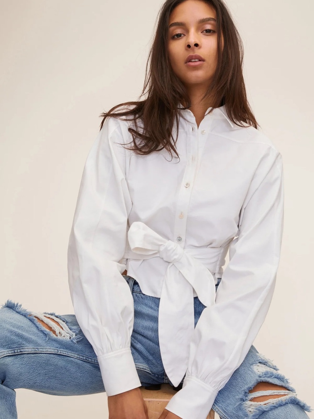 Marissa Webb White Tie-Waist Button-Down Blouse